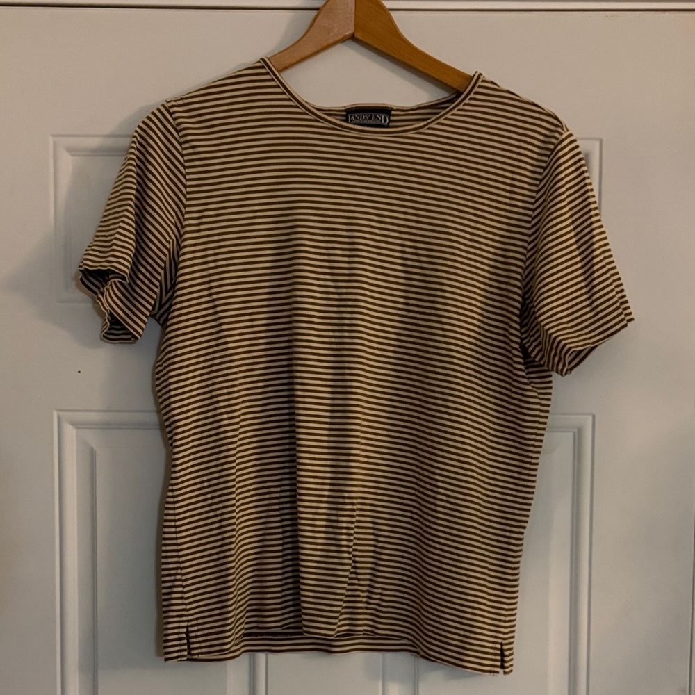 Vintage Lands' End Brown Beige Khaki Striped Women's Top T-Shirt Size Medium